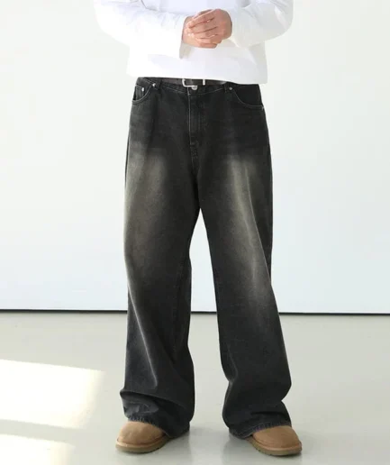 WASHED BLACK WIDE STRAIGHT DENIM JEANS